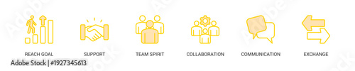 Working Together Lineal Yellow Icon Set For Web Banner. Vector Illustration Concept With Some Icons. Designed In Lineal Yellow Style