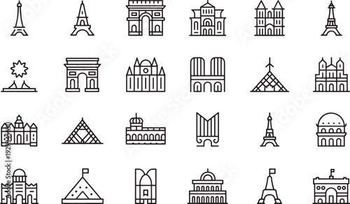 Line drawing icons of famous landmarks and buildings from around the world in black on white  tourism and travel symbols
