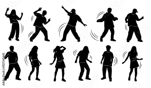 Urban dancing people silhouette collection with young men and women hip hop party poses vector isolated on white