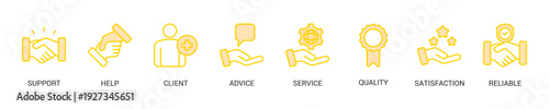 Customer Care Lineal Yellow Icon Set For Web Banner. Vector Illustration Concept With Some Icons. Designed In Lineal Yellow Style