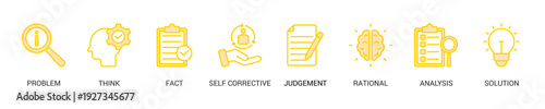 Critical Thinking Lineal Yellow Icon Set For Web Banner. Vector Illustration Concept With Some Icons. Designed In Lineal Yellow Style