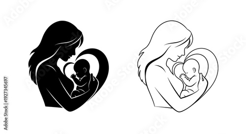 Mother's day love and care, heartwarming mother and child silhouette, family bonding Vector