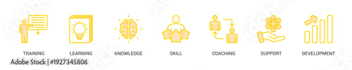 Capacity Building Lineal Yellow Icon Set For Web Banner. Vector Illustration Concept With Some Icons. Designed In Lineal Yellow Style