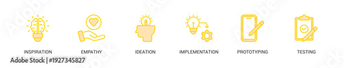 Design Thinking Lineal Yellow Icon Set For Web Banner. Vector Illustration Concept With Some Icons. Designed In Lineal Yellow Style