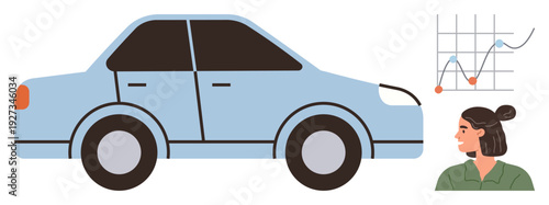 Automotive trends, data analysis, statistics, transportation, business insights, innovation. Blue car, woman in green shirt rising graph. Automotive trends and data analysis concepts
