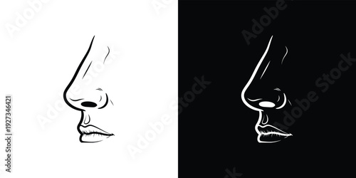 Black and white of nose and mouth profiles line facial lips