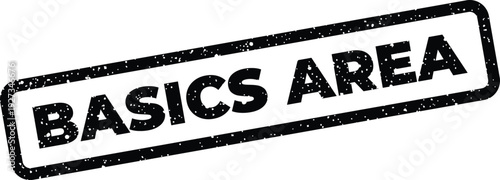 Distressed rectangular rubber stamp with Basics Area text, useful for educational content or introductory sections