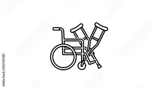 Mobility aid wheelchair and crutches outline icon