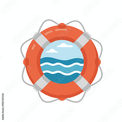 Vibrant Life Preserver Floating on Calm Water with Sky Reflection
