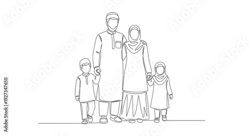 Muslim Family Line Art: Parents and Two Children Holding Hands