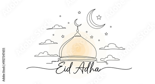 Eid Adha Greeting Card with Mosque Dome, Moon, Stars, and Clouds - Minimalist Line Art