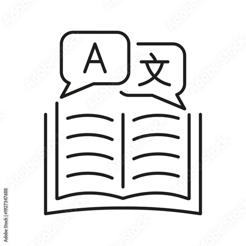 Open Book With Language Speech Bubbles Line Icon. Translation, Multilingual Communication, And Language Learning Outline Symbol. Educational Resource. Editable Stroke. Isolated Vector Illustration