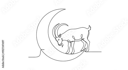 One Line Drawing Ibex on Crescent Moon, Minimalist Mountain Goat Art