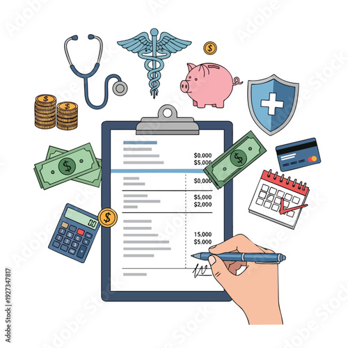 Financial and healthcare management scene with paperwork money and medical symbols