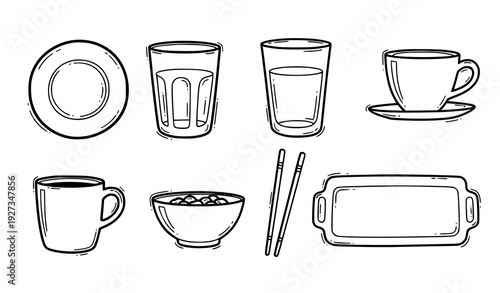 Cute Hand Drawn Dinnerware Kitchen Line Clipart Icons Set