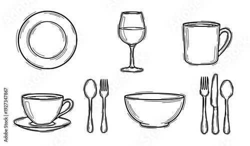 Rustic Hand Drawn Tableware Doodle Outline Vector Icons