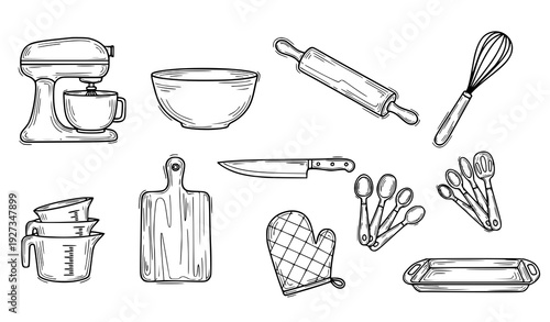 Hand Drawn Pastry and Baking Utensils Doodle Outline Icon Set