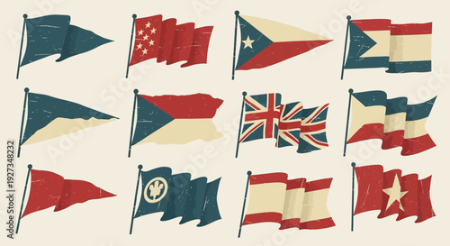 Collection of Vintage Flags Waving, Nautical Signal Flags, Retro Design