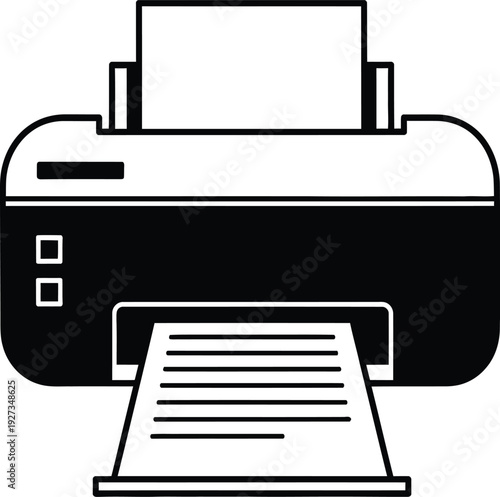 A black and white icon of a printer with paper coming out
