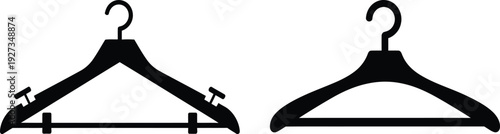 Two black plastic coat hangers with hooks on top for hanging clothes