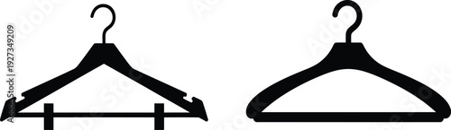 Two black plastic coat hangers with hooks for clothing organization and storage