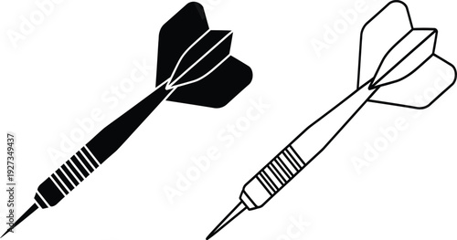 Two darts one black and one white in flight with pointed tips and fletching