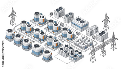 Industrial facility with tanks and power transmission infrastructure.