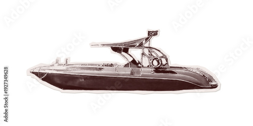 Trendy Halftone motorboat Grunge style transparent background. Isolated vector element with Retro dotted texture, mimicking cutout collage from old newspaper. Torn paper Y2K, Vintage Pop Art aesthetic