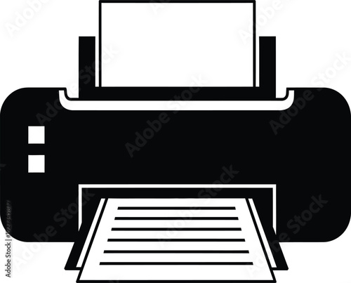 A black and white icon of a printer with paper tray extended
