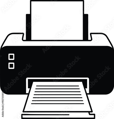 A black and white illustration of a printer with paper coming out