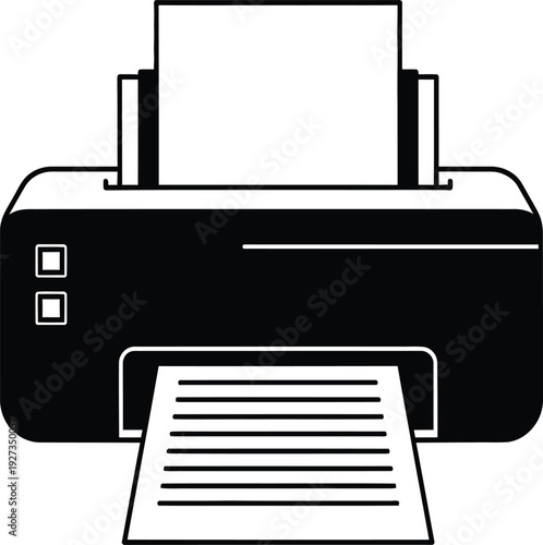 A black and white illustration of a printer with paper coming out