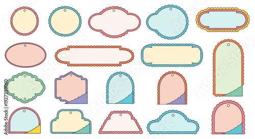Colorful Blank Tags and Labels Collection, Decorative Shapes, Pastel Colors, Isolated on White