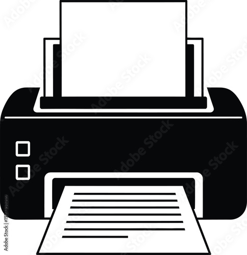A black and white icon of a printer with paper coming out