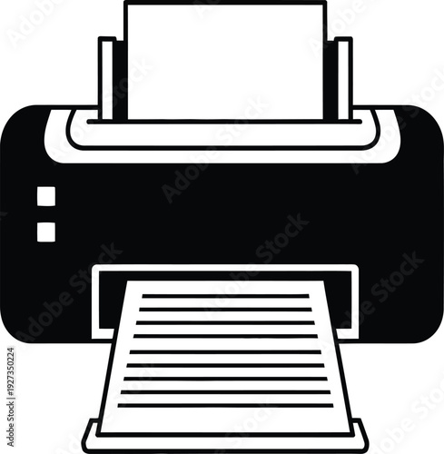 A black and white icon of a printer with paper coming out