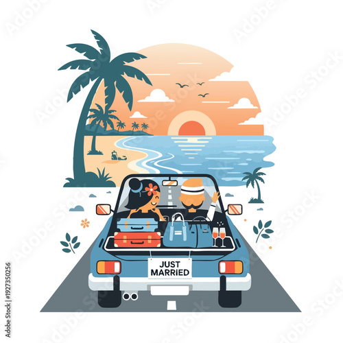 Romantic Beachside Sunset Drive with a Newlywed Couple in a Classic Car