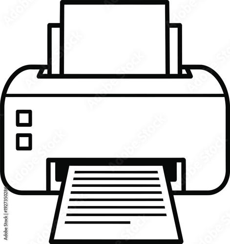 A simple line drawing of a printer with paper emerging from it