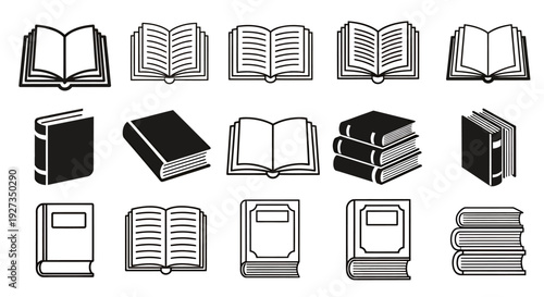 Assorted Book Icons and Open Pages Set Featuring Stacks, Shelves and Library Theme.