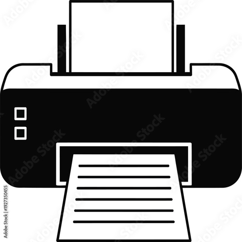 A black and white icon of a printer with paper coming out