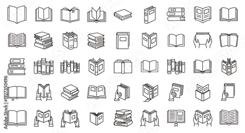Collection of grayscale line icons depicting books in multiple angles and stacked arrangements.
