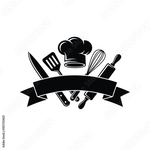 Chef Hat with Kitchen Utensils and Banner for Restaurant or Bakery Logo