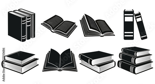 Collection of open and closed book icons in black and white for interface design and graphic resources.