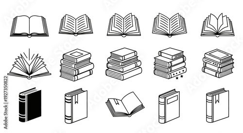 Set of grayscale book icons including open books and stacked volumes.