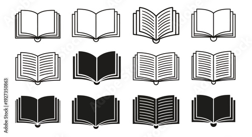 Grayscale collection of open and closed book icons in multiple styles for graphic design.