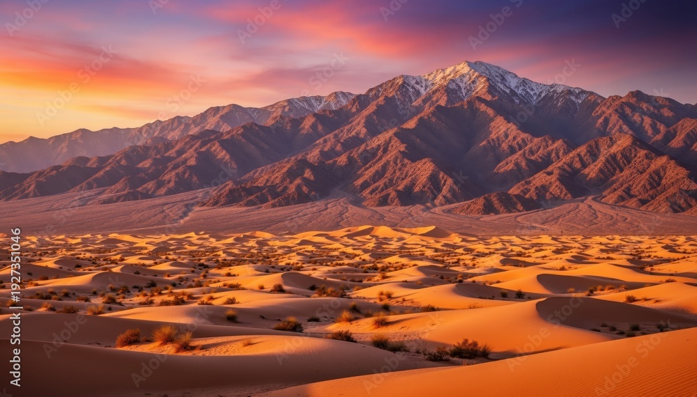 Naklejka premium Desert Vista: An expansive desert landscape unfolds beneath a vibrant sunset, showcasing rolling sand dunes leading towards majestic mountains, with a captivating display of natural beauty. 