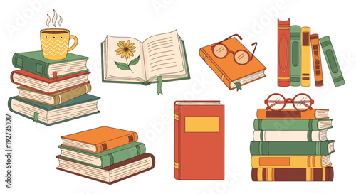 Colorful assortment of books, tea, and study items arranged for reading and learning moments.