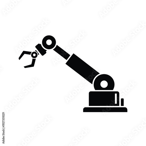 Black icon of a robotic industrial arm with a gripper