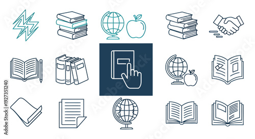 Blue line icons depicting education and collaboration with books globes and a touch screen at the center.