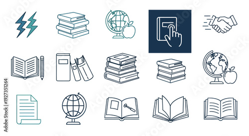 Collection of educational line icons depicting books, globe, and classroom elements for learning and study.
