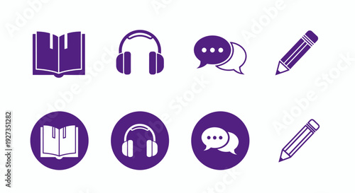 Set of purple education icons including a book, headphones, chat bubble and pencil for graphic design projects.