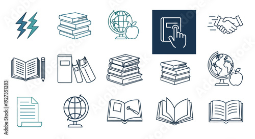 Assorted Educational and Business Icons Set with Books, Globes, and Collaboration Symbols.